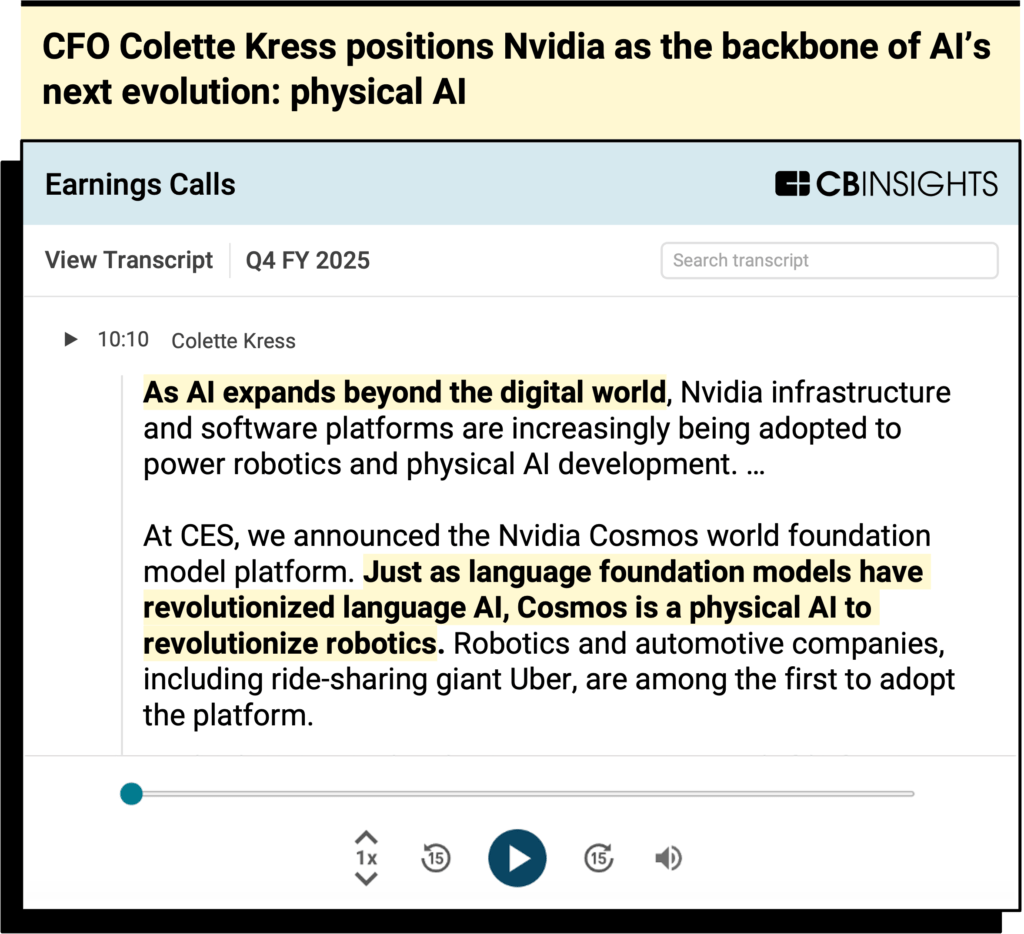 CB Insights earnings call transcript showing Nvidia CFO Colette Kress discussing 'physical AI' as AI's next evolution. The transcript from Q4 FY 2025 shows Kress explaining how Nvidia infrastructure is being adopted for robotics and physical AI, highlighting the Nvidia Cosmos world foundation model platform for revolutionizing robotics, with early adoption by companies including Uber.