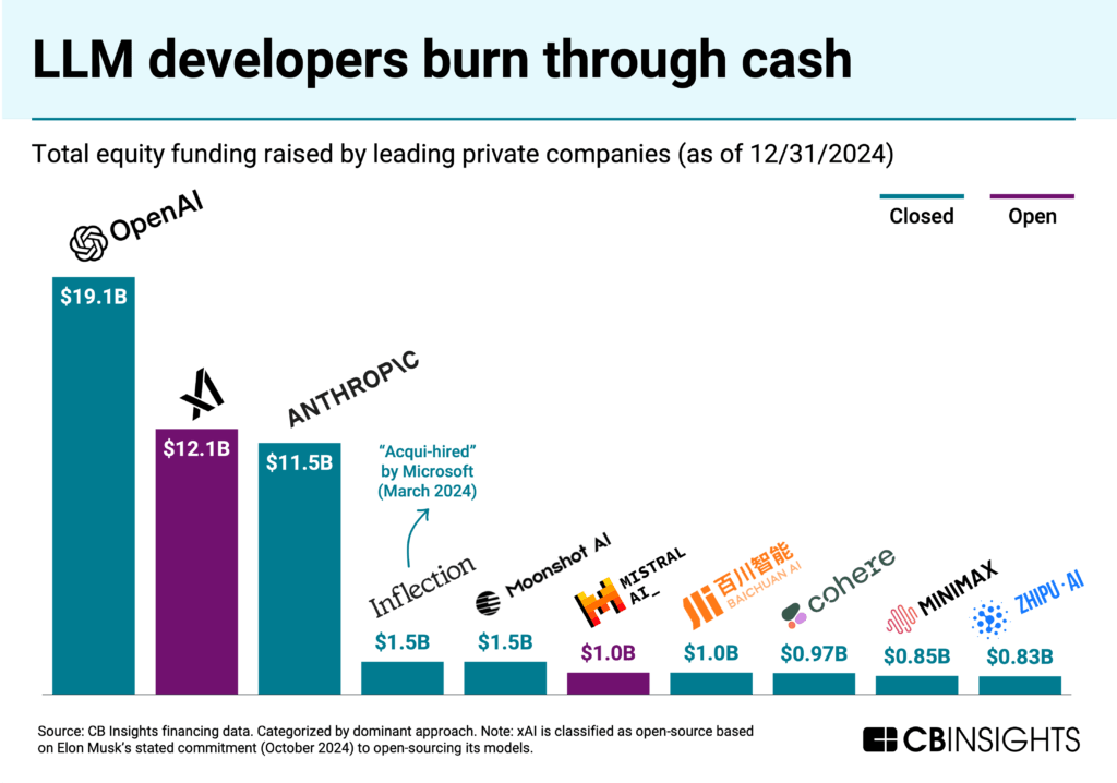 Chart of leading LLM developers by equity funding